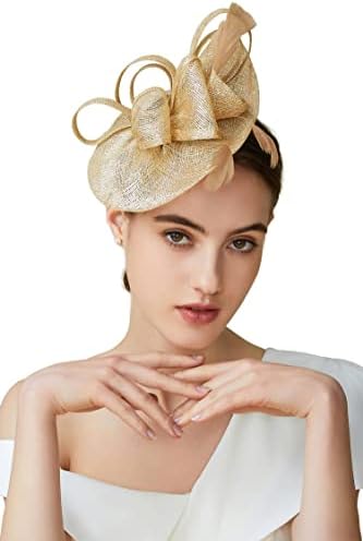 BABEYOND Women's Pillbox Fascinator Hat Kentucky Derby Hat Feather Fascinator Headband Tea Party Fascinator Hat for Cocktail (Gold)