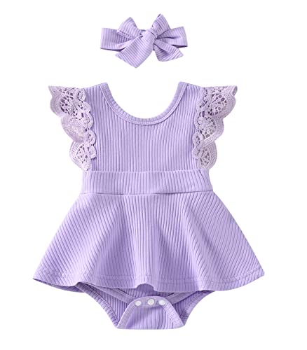 Image of Baby Girls Summer Romper Clothes Dress Newborn Onesie 3 6 9 12 18 Months One-Piece Jumpsuits Outfits (Purple, 0-3 Months)