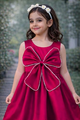 Image of Buy & Try Girls Frock Dress Crystal Moti Embellished Sleeveless Butterfly Design | Knee Length Birthday Dress for Kids with Zipper Closure