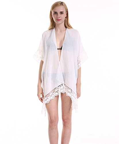 Women White Lace Beach Cover Up – Summer Kimono Coverups Sleeveless/Bikini Swimsuit Swimwear Cardigan - Thumbnail 4