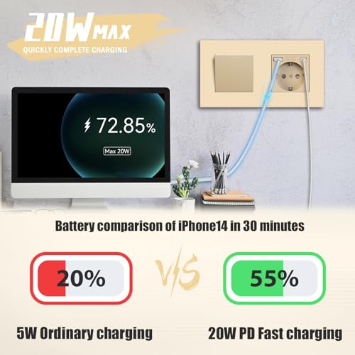 BSEED Lichtschalter mit Steckdose mit USB/TYPE C Schnellladen 20W, 1 Fach 2 Weg Taste Schalter mit Schuko Steckdose unterputz, Wandschalter mit PC Rahmen f&uuml;r Handy, Pad usw - Gold
