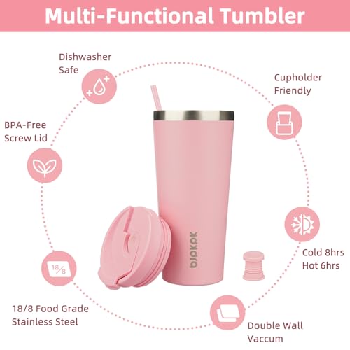 Image of BJPKPK 22 oz Coffee Tumbler with Straw, Insulated Stainless Steel Cup | Double Wall Vacuum, Leak Proof Lid, Keeps Hot /Cold /Iced, BPA Free, Dishwasher Safe, Cupholder Friendly, Travel, Light Pink