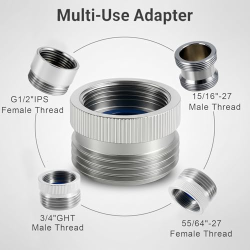ROOGSIH Faucet Adapter with Aerator, Chrome Brass Sink Faucet to Garden Hose Connector, Fits G1/2\" Female, 55/64\" Female, and 15/16\" Male, Connects to 3/4\" GHT Garden Hose, with Washers and PTFE Tape - Thumbnail 3