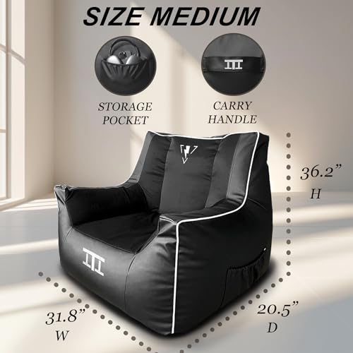 Gaming Bean Bag Chair - Bean Bag Cover, Adults, Water Resistant, Faux Leather, Headphone Holder, Carry Handle, Pocket - Filling Sold Separately - Image 4