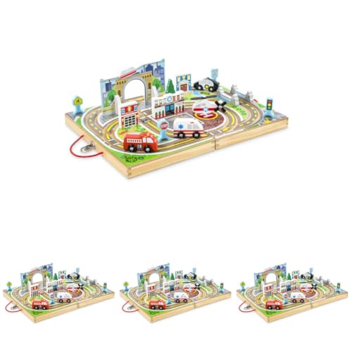 Image of Melissa & Doug 18-Piece Wooden Take-Along Tabletop Town, 4 Rescue Vehicles, Play Pieces, Bridge (Pack of 4)
