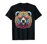 Cute Colorful Tie Dye Collection Tie-Dye Bear Holding Peace Sign Funny Boho Hippie Unisex-Adults T-Shirt - Black, Small, Short Sleeve