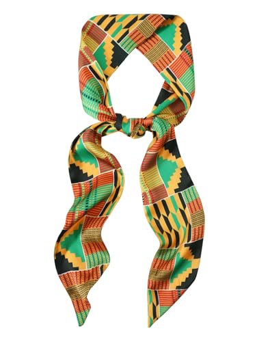 GERINLY African Scarf for Women Kente Silk Neck Scarf for Purse Skinny Head Scarves Black History Month Accessory (YellowGreen)