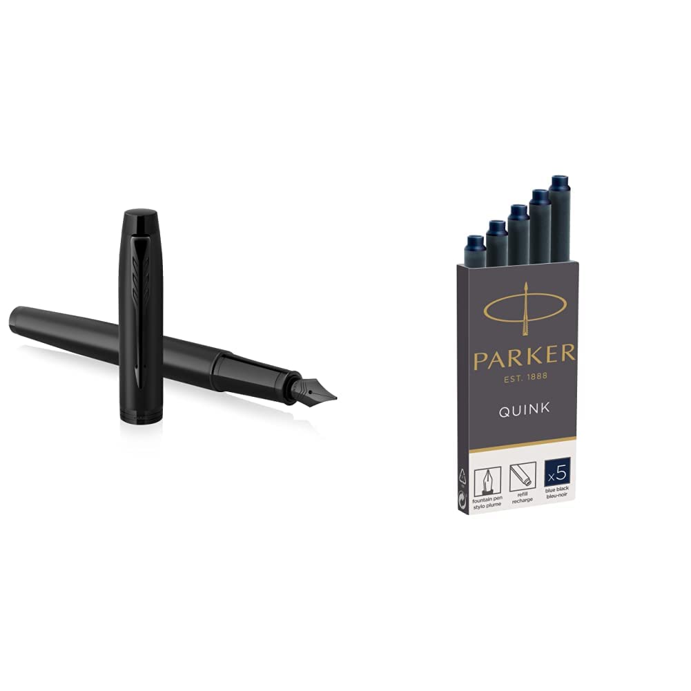 PARKER IM penna stilografica | Nero opaco con finiture nere | Punta media con cartuccia di inchiostro blu | Confezione regalo & Quink ricariche per penne stilografiche