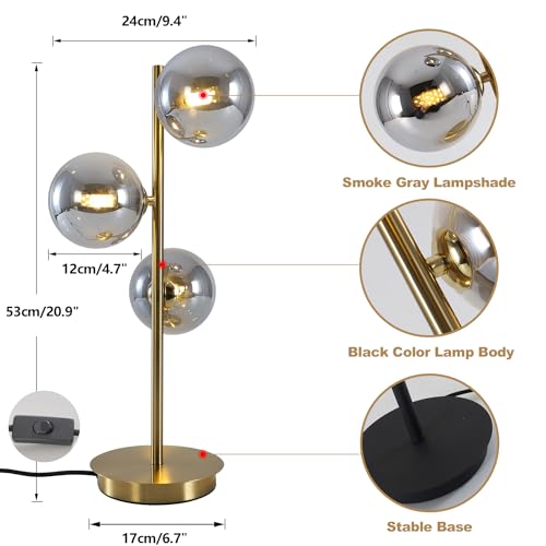 Image of Mid Century Globe Table Lamp, Modern 3 Lights Gold Brass Desk Lamp, Contemporary Smoky Grey Glass Globe Bedside Lamp for Bedroom Living Room Study Room