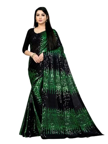 DENMOUS Sari en georgette à paillettes vert et noir - 20369076, Vert, taille unique