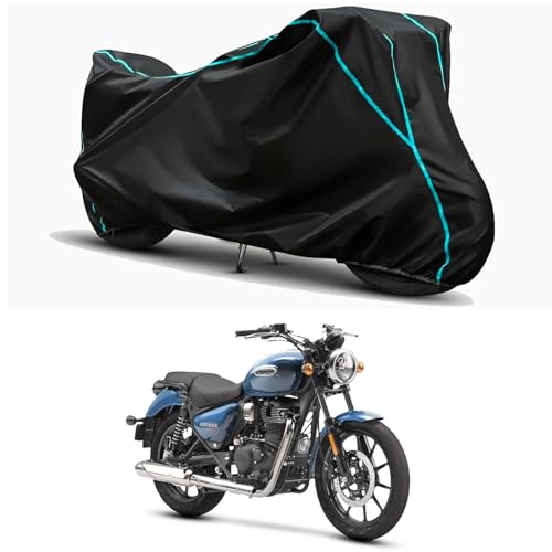 Image of Waterproof Bike Body Cover Compatible for | Royal Enfie Meteor 350 Stellar | Taffeta Fabric, Sky Piping Design, Bottom Elastic Fit | Dustproof, Sun UV & Rain Protection for All Weather.