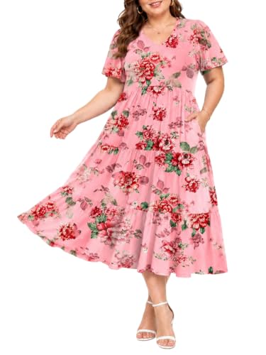 Image of Women's Plus Size Summer Dresses Floral Casual Tiered Midi Dresses V-Neck Short Sleeve Long Maxi Dress with Pockets