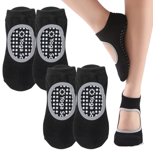 Calcetines de Yoga Antideslizantes, 2 Pares Pilates Calcetines Antideslizantes Mujer pour Yoga, Calcetin Deportivo para Pilates, Danza, Fitness, con Suela de Silicona, Talla Mediana, Negro