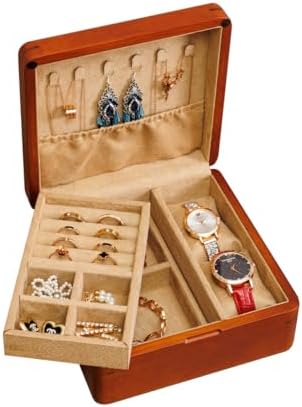 2 Layer Natural Solid Walnut Wood Jewelry Box for Girls Vintage Real Wood Vintage Jewelry Organizer Storage Built in Necklace Hooks for Earrings Rings Necklaces Bracelet Watch Men