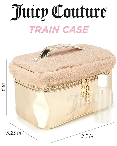 Juicy Couture Gold Makeup Bag Cosmetics Organizer Travel Essentials Train Case Shiny Rhinestones Faux Shearling3