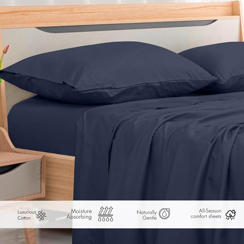 Image of Royale Linens 300 Thread Count 100% Long Staple Combed Cotton Flat Sheet - Super Soft - Top Sheets - Twin Flat Sheet Sold Separately - Breathable, Cool & Crisp Percale Sheets Only (Twin, Navy)