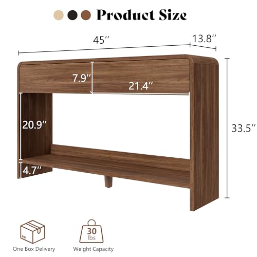 Image of AMERLIFE 45 inch Modern Console Table with 2 Storage Drawers and Open Shelf, Wooden Entryway Table with Curved Edges, Sofa Table Behind Couch for Hallway, Foyer, Entrance, Living Room, Brown