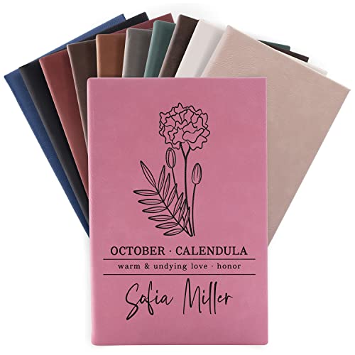 Personalized Journal Notebook for Women | Birth Flower & Name or Text - Pink | Custom Journal for Women, Birthday Gifts for Women, Mom, Dairy for Girls, Engraved Notebook to Write in for Women
