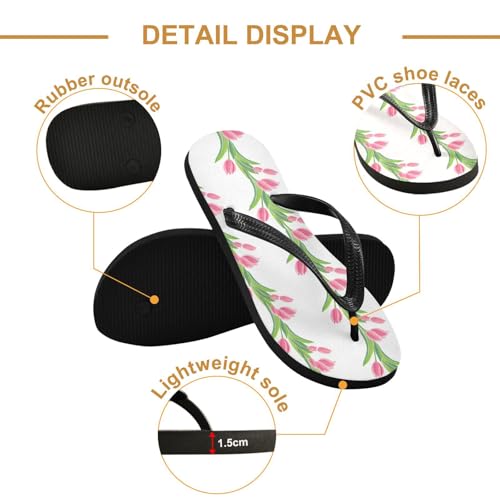 Pink Tulips Floral White Flip Flops for Beach Thong Sandals Anti-slip Lightweight Beach Shoes for Travel Summer Outdoor3