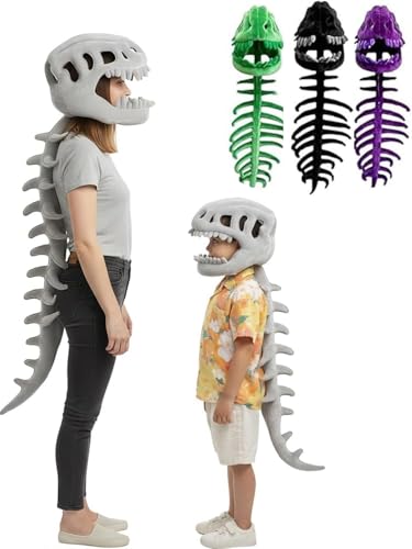 ZBH1985 Kids and Adults Spinosaurus Plush Dino Outfit 3D Realistic Dinosaur Skeleton Hat Skull Themed Performance Props Hats (Grey S)