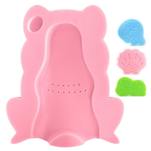Baby Bath Sponge Infant Comfy Soft Bath Sponges Mat Natural Cute Shapes Skid-Proof Bathing Cushion for Toddler & Newborn 4pcs Shape Style: Blue Dolphin Pink Shell Green Turtle and Big Pink Frog