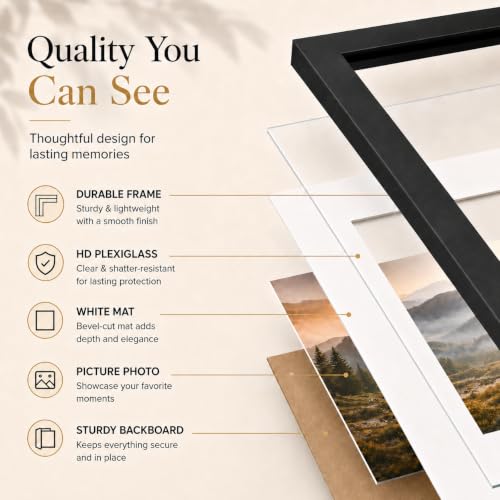 Image of JCJMY 11x17 Picture Frame with 9x15 Mat, Black 11 x 17 Poster Frame with Shatter Resistant Plexiglass, Display 9 x 15 with Mat or 11 by 17 Without Mat, Sturdy Wall Hanging Frame, 1 Pack