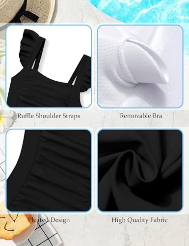 Girls Swimsuit Ruffle Girl One Piece Bathing Suit Solid Swimsuits Ruched Sleeveless Girls' Swimwear for 7-14 Years 6