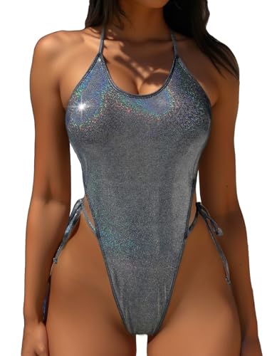 YAUASOPA Liquid Metallic Backless Glitter One Piece Swimsuit Fema...
