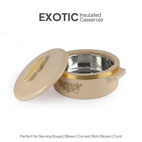 Image of CELLO Exotic 1000 Casserole Hot Pot Case for Daily Use 1000 ml, Cream | Double Wall PU Insulated Serving Hot & Warm Food Hot Pot Box | Stylish Airtight Kitchen Casserole Set for Roti Rice Biryani