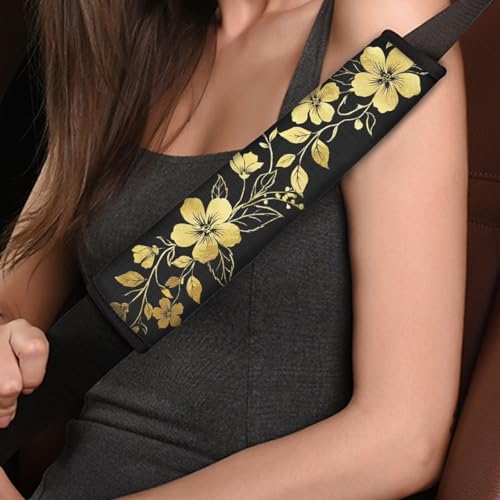 Image of AFPANQZ Golden Floral Seat Belt Cover Pads Cushion Universal Fit Safety Seatbelt Pillow Head and Neck Support Adjustable Driver Shoulder Protection Luggage Bag Strap Pad