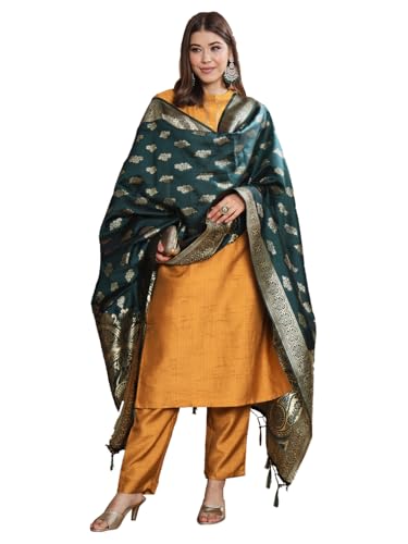 Image of VredeVogel Women's Cotton Silk Blend Straight Kurta Trouser With Dupatta Set