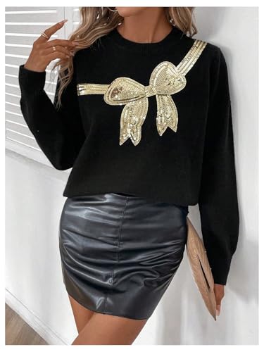 MakeMeChic Women's Bow Sweater Sequin Long Sleeve Crew Neck Knitted Fall Sweaters4