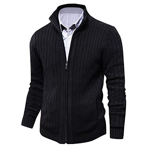 Mens Knitted Cardigan Full Front Zipper Sweater with 2 Side Pockets Black XLarge Cover