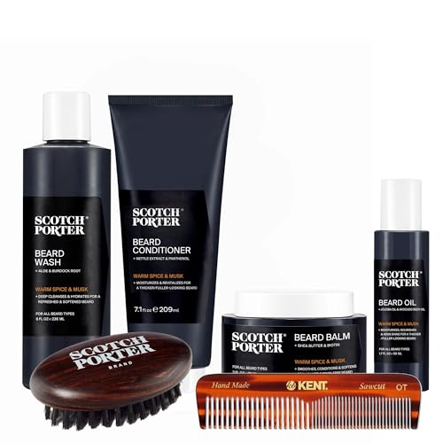 Scotch Porter Ultimate Beard Collection | Includes Beard Wash, Conditioner, Balm, Serum, Boar's Hair Brush, Kent Pocket Comb | Formulated with Non-Toxic Ingredients, Free of Parabens, Sulfates & Silicones | Vegan