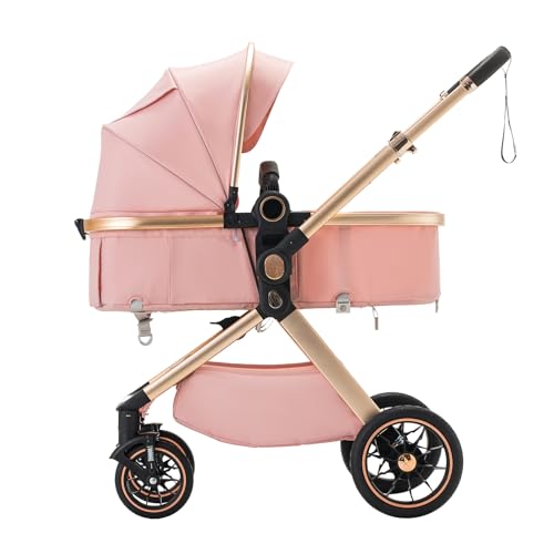 Poussette 3 en 1 combinée résolvant le manque d'espace grâce à son pliage compact rose - 2