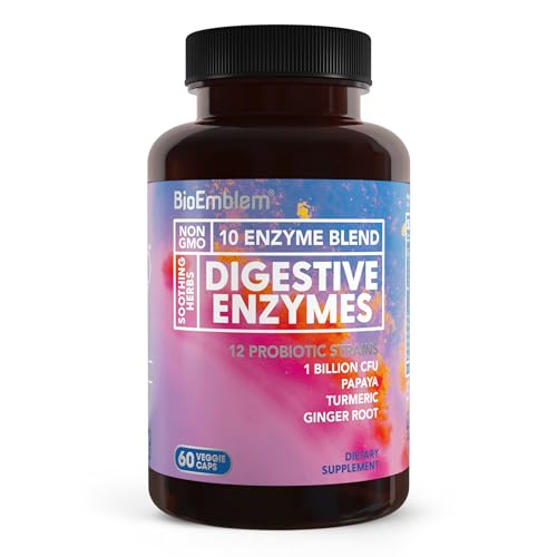 BioEmblem Digestive Enzymes - 10 Enzymes w/ 12 Strain 1 Billion CFU Probiotics for Nutrient...