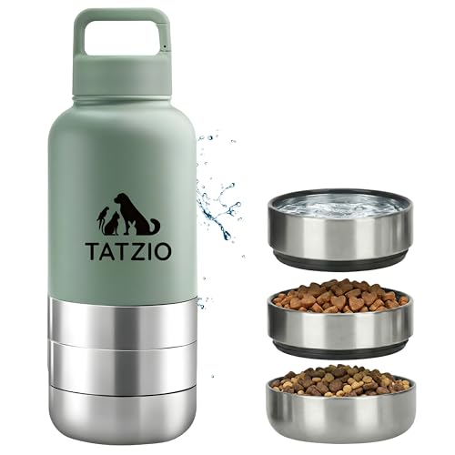 TATZIO Reiseflasche 4-in-1 für Hunde & Katzen aus Edelstahl – Isolierter Wasser- & Futterbehälter für Haustiere– Auslaufsicherer Reisenapf mit 3 Zusatzbehältern für Unterwegs Grün 1000ml