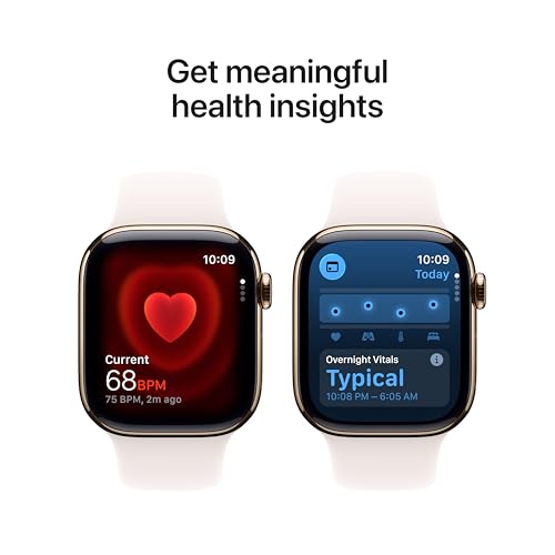 Image of Apple Watch Series 11 [GPS + Cellular 42mm] Smartwatch with Gold Titanium Case with Light Blush Sport Band - S /M. Sleep Score, Fitness Tracker, Health Monitoring, Always-On Display, Water Resistant