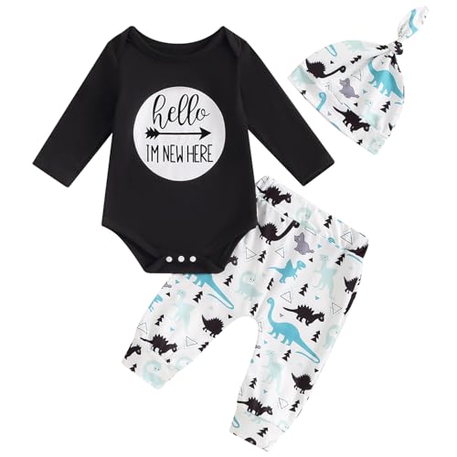 Image of Tiacham Baby Boy Dinosaur Outfits Hello Im New Here Romper Pant Set Newborn Clothes Outfit Long Sleeve Fall Winter Set (Black White, Newborn)