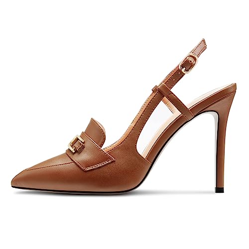 NobleOnly Womens Stiletto High Heel Pointed Toe Slingback Buckle Pumps Casual Office Dress Shoes 3.9 Inches Heels2