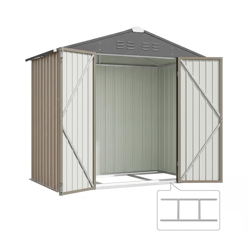 Image of Devoko 6 x 4 FT Metal Storage Sheds with Floor Frame, Waterproof Garden Tool Shed with Lockable Door, Outdoor Utility Shed for Backyard Patio Lawn, Brown