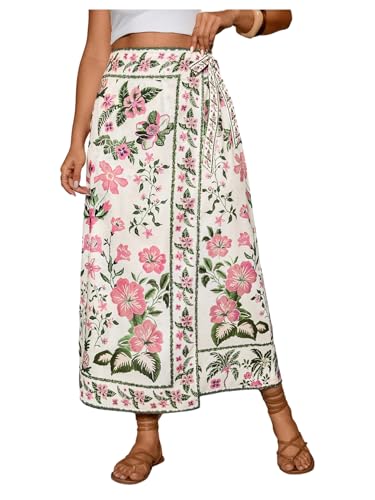 MakeMeChic Women's Plus Size Floral Maxi Skirt Boho High Waist Wrap Tie Side Skirts Fall Fashion