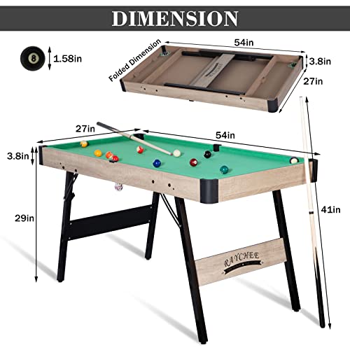 Raychee 54" Folding Pool Billiard Table, Portable Pool Game Table With 2 Cue Sticks, 16 Balls, Triangle, Chalk, Indoor Foldable Billiards Table For Kids Adults Family Game Room (Green) #TOP5