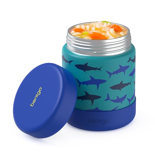 Image of Bentgo Kids Stainless Steel Leak-Proof Food Jar for Hot or Cold Food | 11 fl oz Double Insulated Container with Removable Silicone Bumper, Dishwasher Safe, Easy Open Lid, Ages 3+ (Sharks)