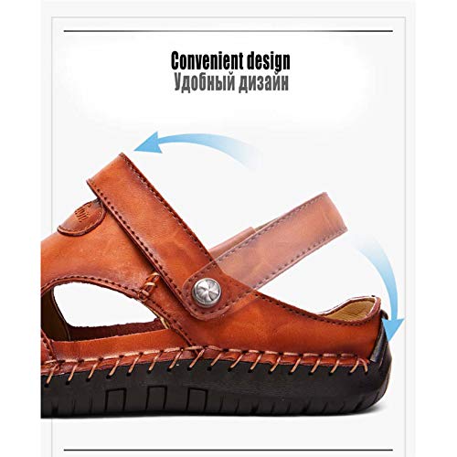 Men's Closed Toe Leather Sandals, Genuine Leather Soft Beach Breathable Shoes, Summer Outdoor Casual Fisherman Walking Shoes Non-Slip Flip Flops, Black-443