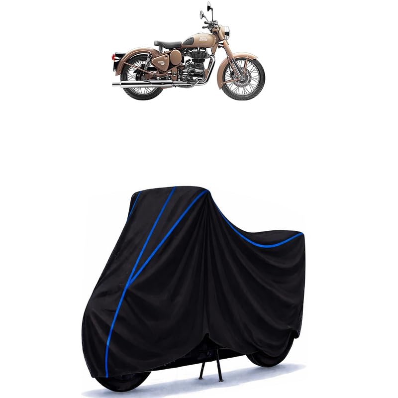 Image of Classic 350 Desert Storm Bike Cover Water Resistant Universal Motorcycle Rain | Heavy Duty UV Protection, Dust, Scratch Indoor Outdoor All Weather with Black Blue Piping Elastic