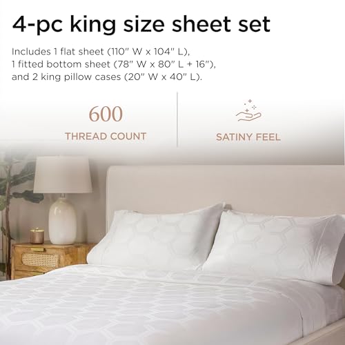 Image of Threadmill 100% Cotton Sheets for King Size Bed - 600 Thread Count King Bed Sheets Set with 16 inch Deep Pocket - Jacquard Sateen Weave 4-Piece Bedding Set with Cooling Effect, White