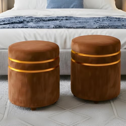 Image of Decorative Ottoman Pouffes for Sitting - Two-Piece Set of Puffy Stools and Footstools - Round Ottoman Stool for Living Room Furniture (Brown)