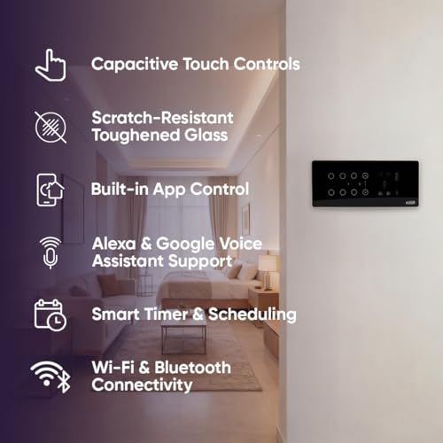 Image of AZIOT Smart Premium Toughened Glass Touch Switch Panel | Elevate 8 Module (6 Switch + Fan + Socket) | WiFi + BLE | No Hub Required | Compatible with Alexa, Google Assistant & Siri | Black