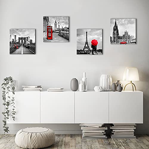 Eiffel Tower Wall Decor Black And White Red Cityscape Wall Art Bedroom Paris Pictures London Big Ben New York Berlin Street Canvas Painting For Bathroom Living Room Kitchen Home Decorations 16X16" 4 Pcs #TOP4